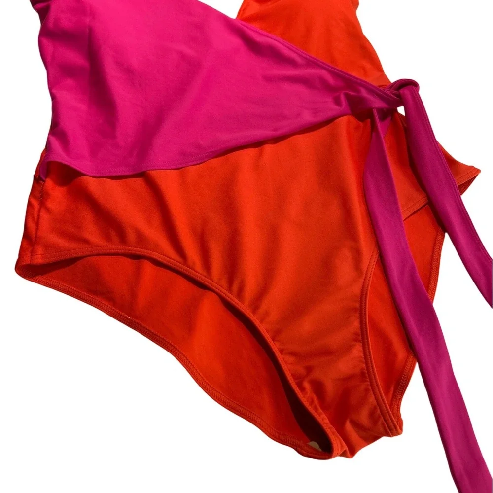 Summersalt The Perfect Wrap One-Piece Swimsuit Hibiscus Fuchsia Colorblock Sz 14